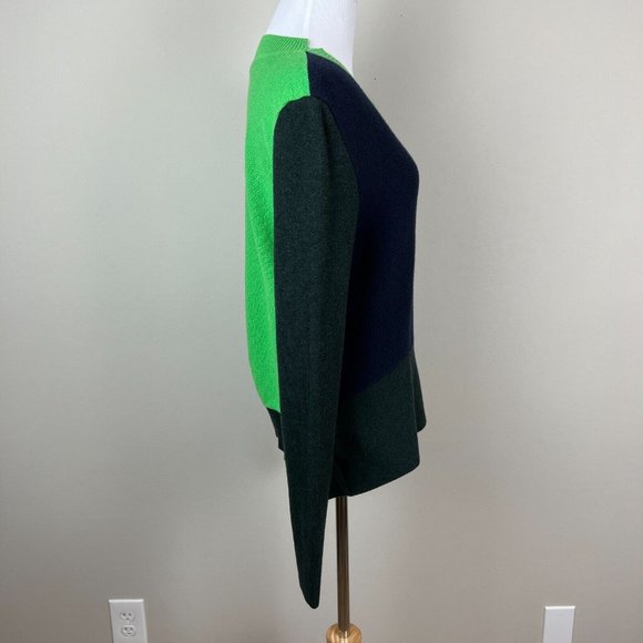 Tome Sweater Women Large Navy Green Colorblock Merino Wool Cotton Slit Peplum - Picture 6 of 15